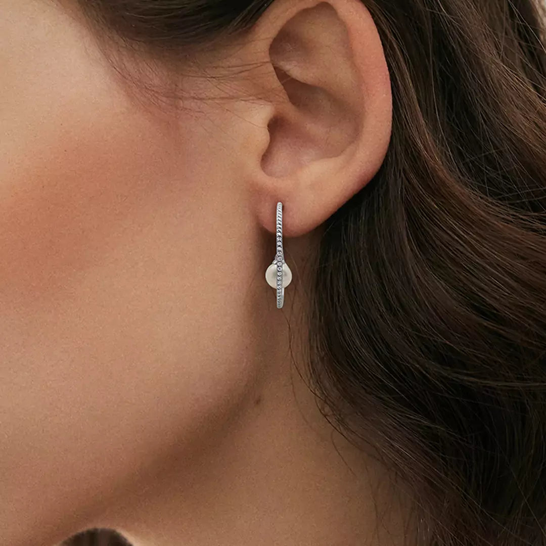 Dangling Pearl Diamond Hoops