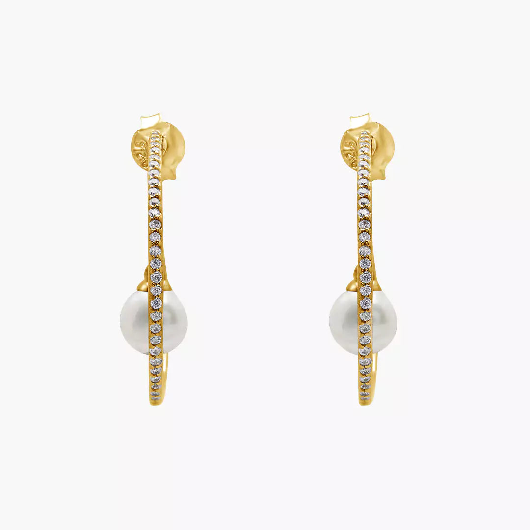 Dangling Pearl Diamond Hoops