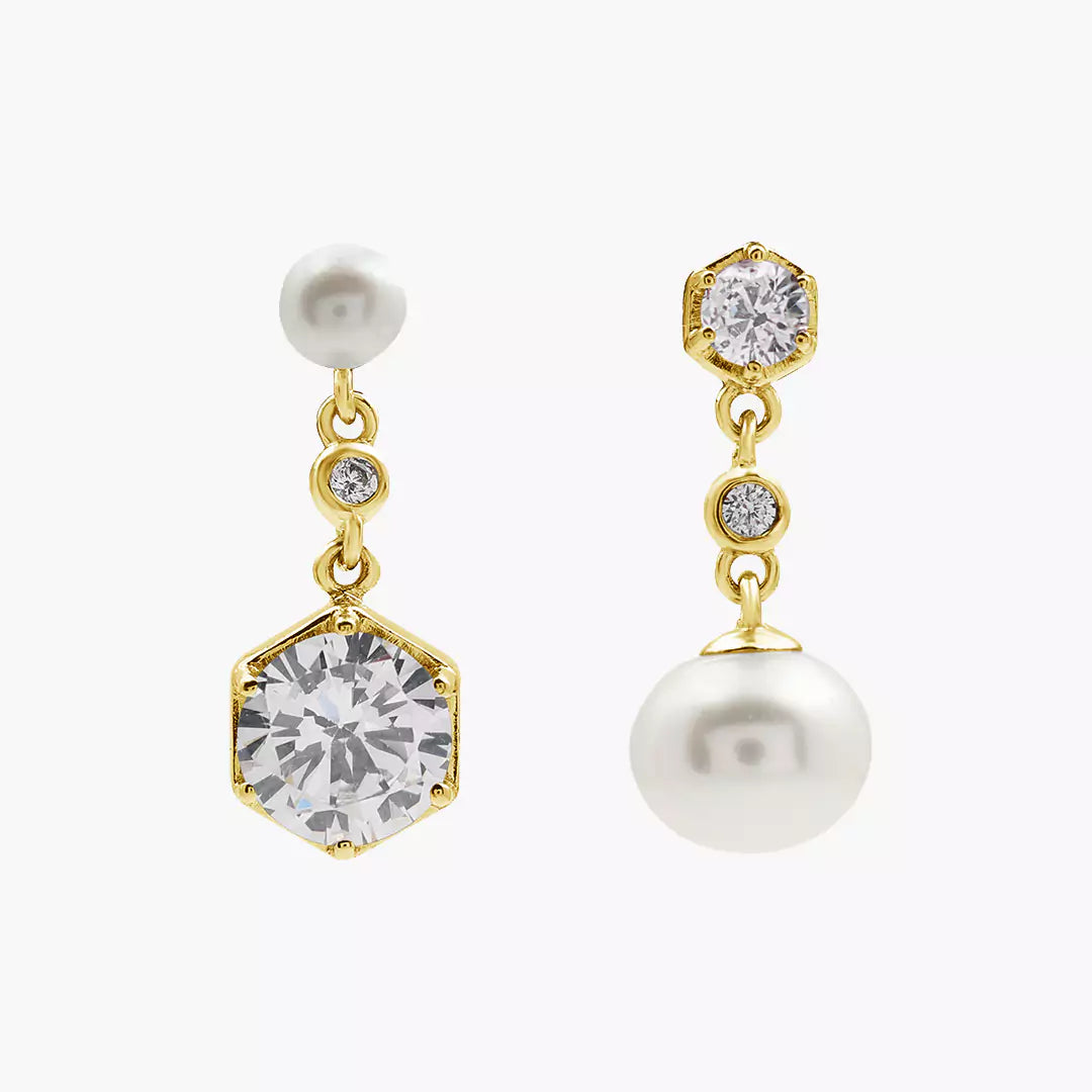 Mismatched Hexa Diamond Pearl Earrings