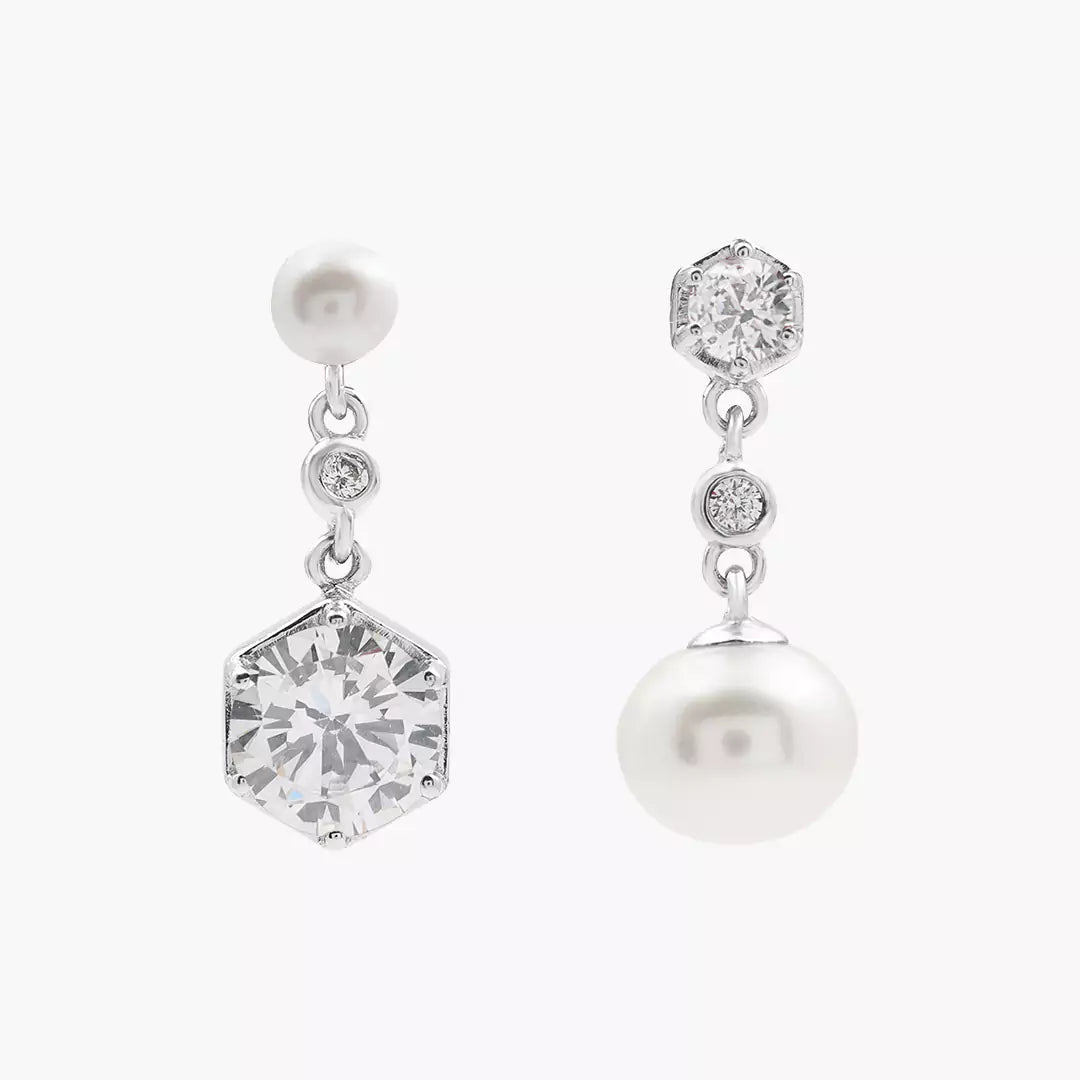 Mismatched Hexa Diamond Pearl Earrings