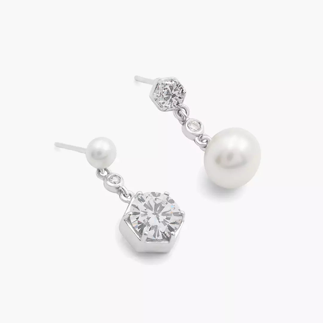 Mismatched Hexa Diamond Pearl Earrings