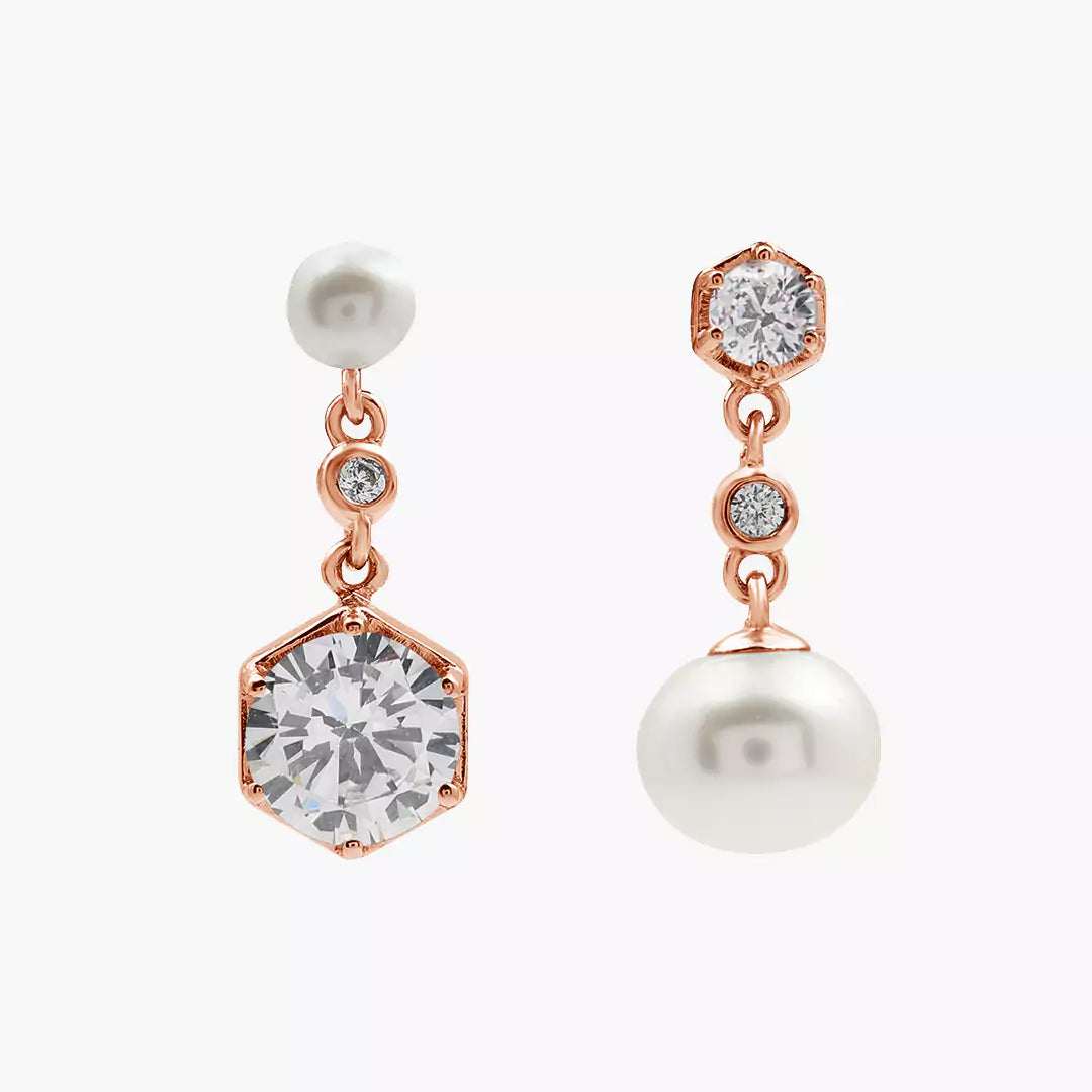 Mismatched Hexa Diamond Pearl Earrings