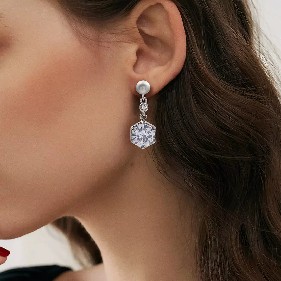 Mismatched Hexa Diamond Pearl Earrings
